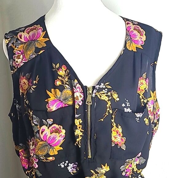 Stella Tweed Black Floral Sleeveless Top, Zipper Front Elastic Waist w/Tie Sz 1X - Picture 3 of 8